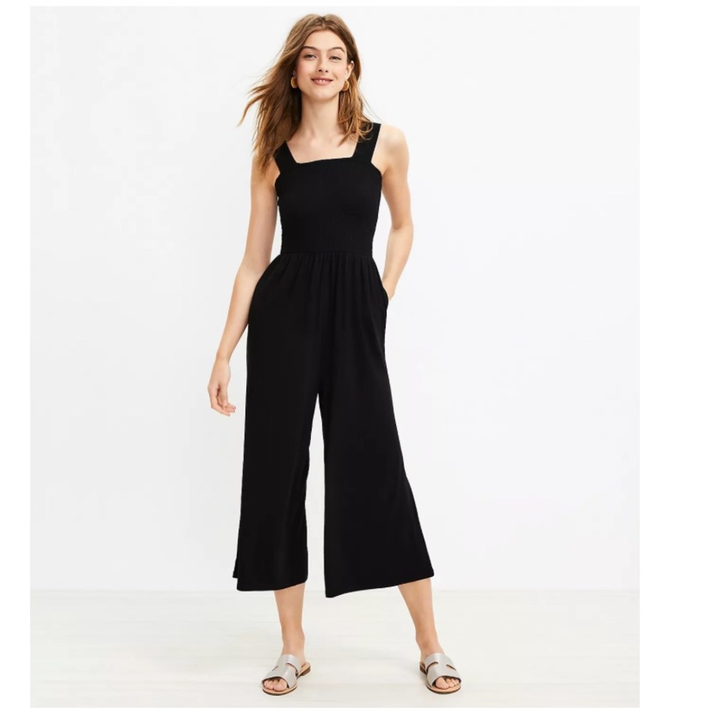 LOFT Black Smocked Bodice Wide-Leg Cropped Jumpsuit
